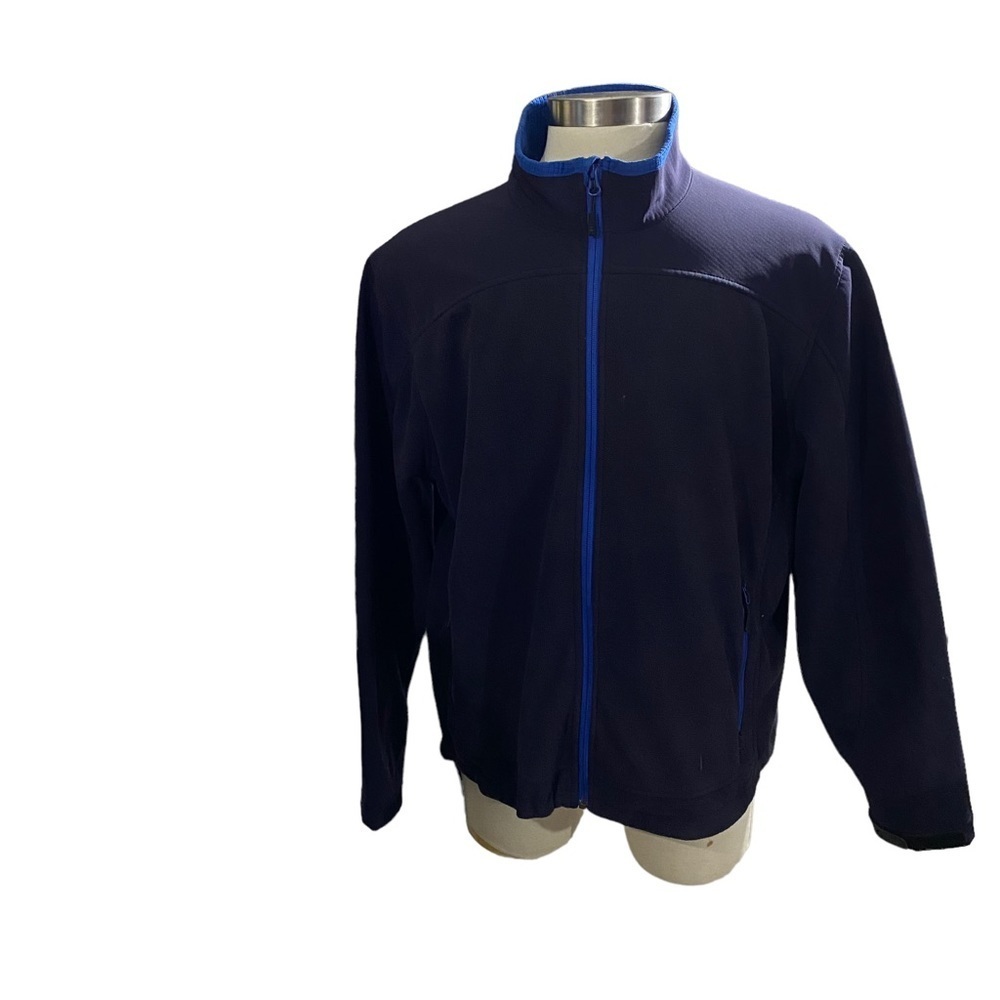 Lands End Men Navy Soft Shell Full Zip Jacket Sz XL Fleece Lined Mock Neck